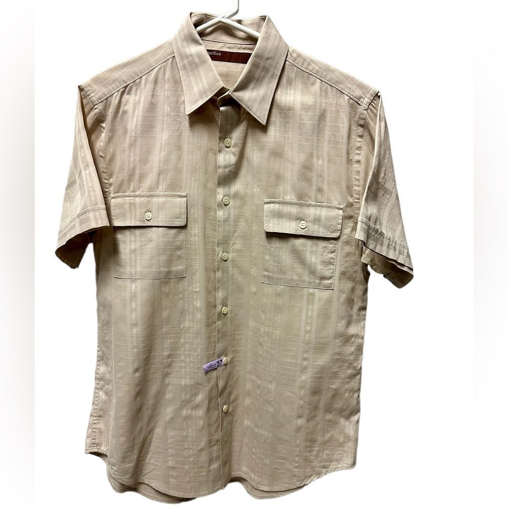 PERRY Ellis , short  sleeve button up , tan , size medium